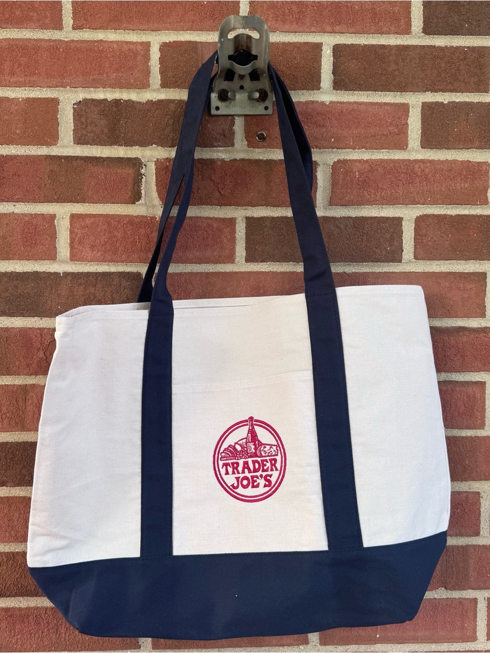 Trader Joe's White and Navy LargeCanvas Tote Bag